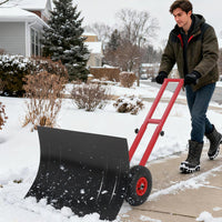 Garvee 29"W X 20"H Snow Pusher Shovel with Wheels,Heavy Duty Steel Snow Shovel with Wheels,Angled Blade Efficient Snow Removal With5-Position Angled Blade & Adjustable Handle for Doorway, Sidewalk