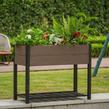 Garvee 42" × 33" HDPE Elevated Raised Garden Bed, Wood-Grain Planter Box with Black Aluminum Frame & Storage Shelf, Brown - Brown