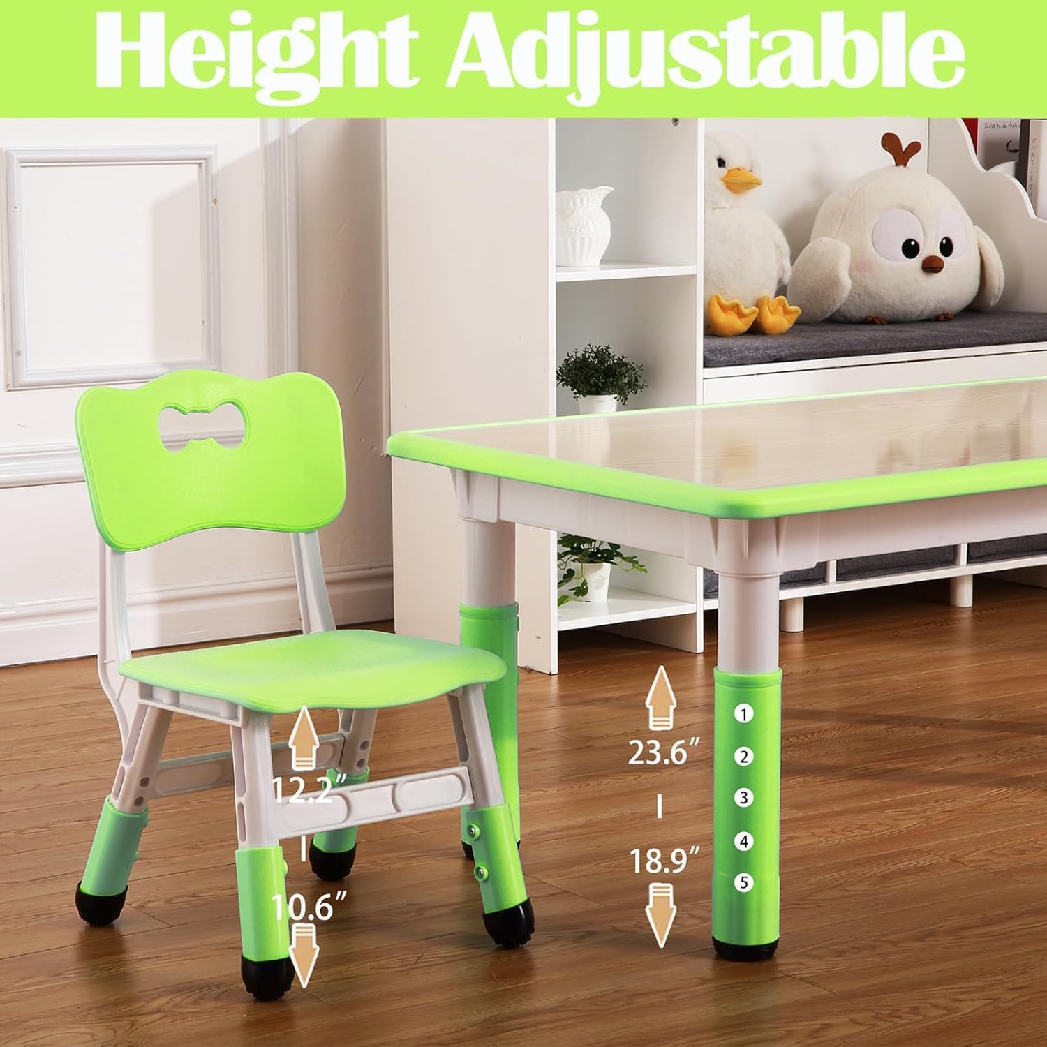 Garvee Kids 7 in 1 Table & Chairs Set in Ergonomic Design, Height Adjustable, Max 300lbs for Home & Classroom Use, Green