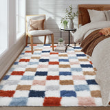 Garvee Washable Checkered Rug 5x8 Plush Fuzzy Rugs for Bedroom Thick Shaggy Rug Clearance,Rainbow Modern Shag Rug Super Soft Indoor Fuzzy Carpet Non-Slip Plush Rugs for Dorm Home Aesthetic Decor - Brown Multi