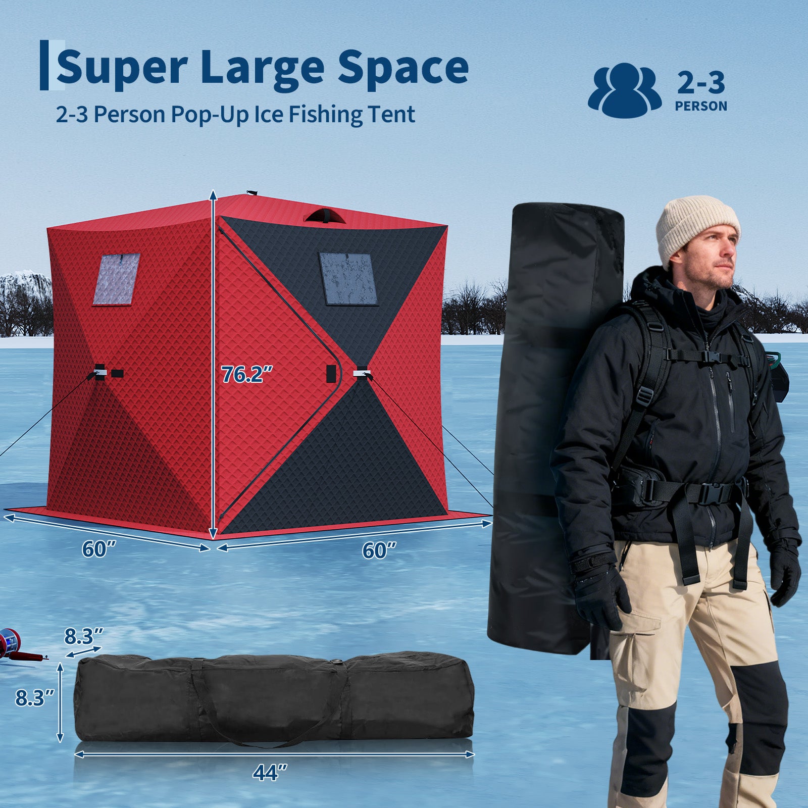Garvee Pop Up Ice Fishing Shelter Tent with 49ft LED Light Strip, Windproof Insulated Waterproof Fabric,  Portable Hub Frame, Red+Black, 2-3 Person Winter Ice Fishing