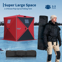 Garvee Pop Up Ice Fishing Shelter Tent with 49ft LED Light Strip, Windproof Insulated Waterproof Fabric,  Portable Hub Frame, Red+Black, 2-3 Person Winter Ice Fishing