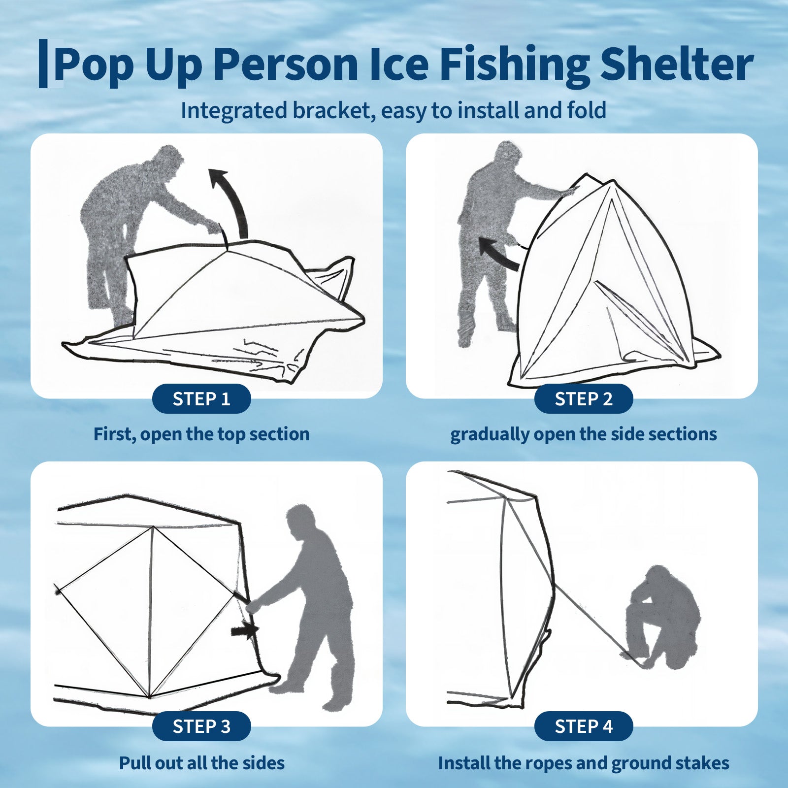 Garvee Insulated Pop-Up Ice Fishing Tent – 5-7 Person Shelter with Double Zippered Doors, 2x49ft LED Light Strips, Weather-Resistant, Windproof, Easy Setup, Carry Bag, Anchors, Battery Packs – Blue + 2 Side Black, 141.73x70.8x77.74in, 2x15m Light Strips