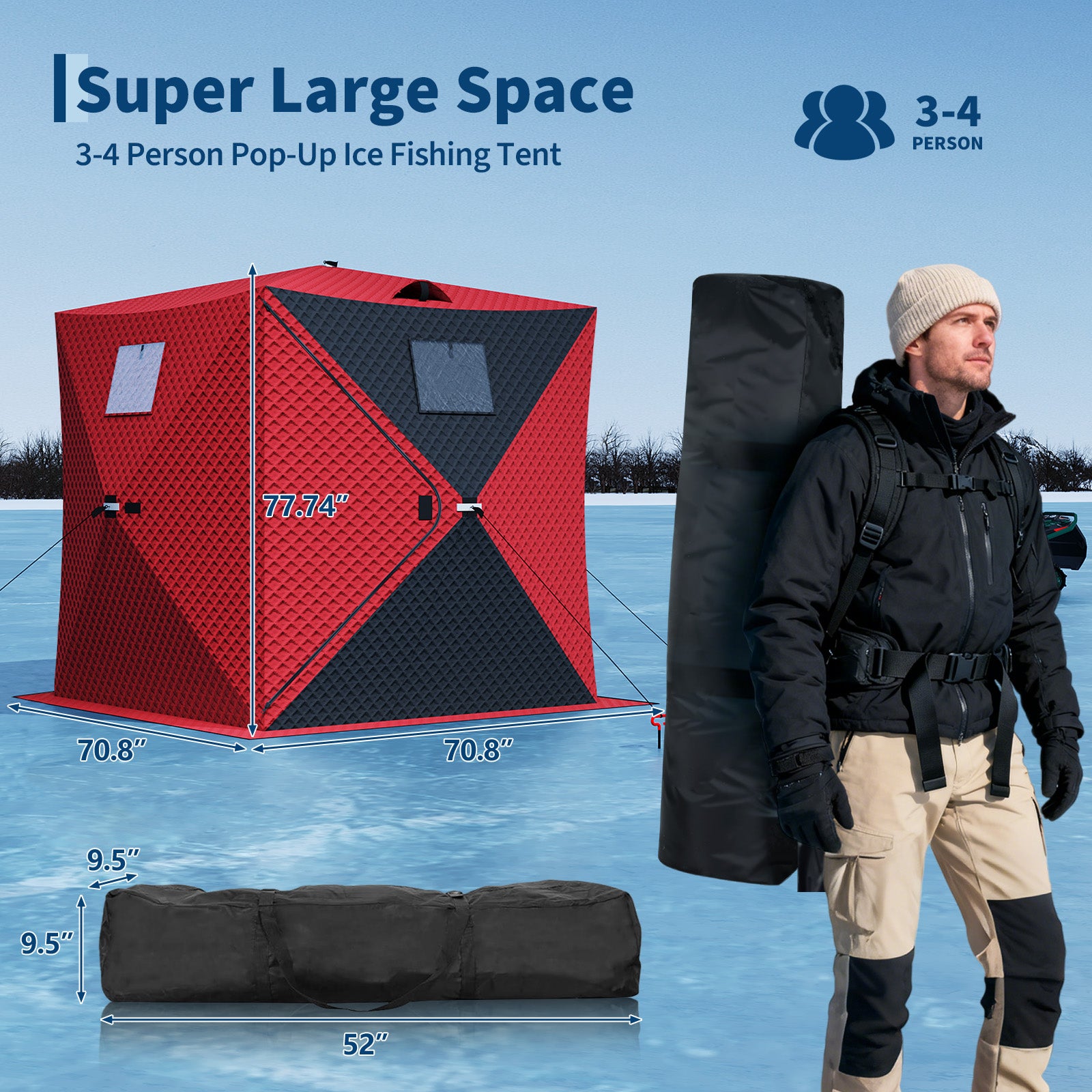 Garvee Insulated Pop-Up Ice Fishing Tent – 3-4 Person Spacious Shelter with 49ft LED Light Strip, Windproof, Easy Setup, Zippered Door, Windows, Carry Bag, Battery Box – Red, 70.8x70.8x77.74in, Includes 15m Light Strip