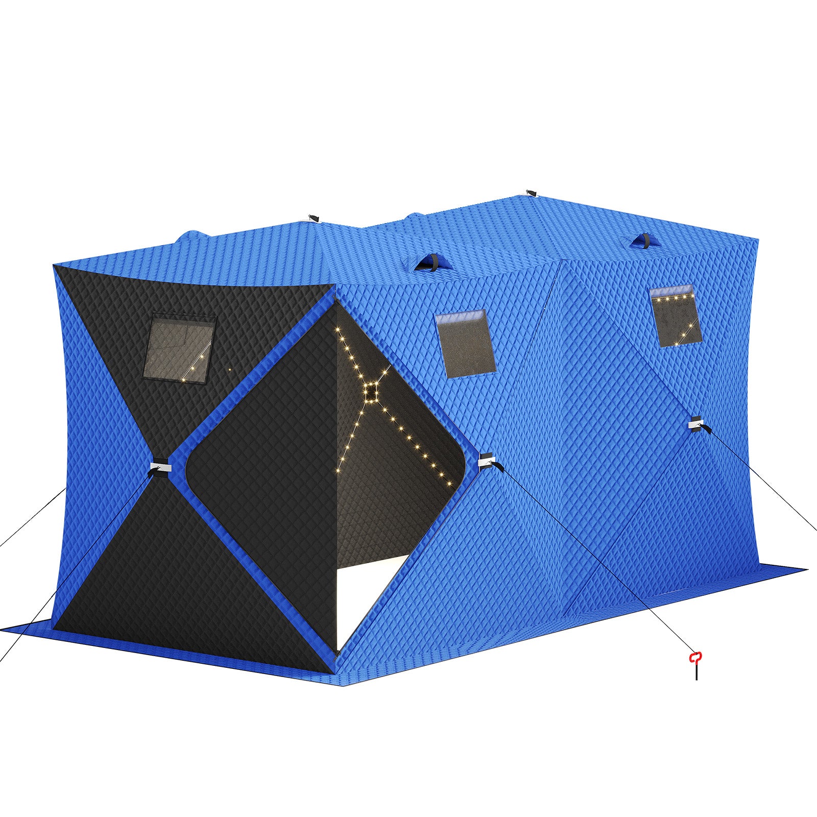 Garvee Insulated Pop-Up Ice Fishing Tent – 5-7 Person Shelter with Double Zippered Doors, 2x49ft LED Light Strips, Weather-Resistant, Windproof, Easy Setup, Carry Bag, Anchors, Battery Packs – Blue + 2 Side Black, 141.73x70.8x77.74in, 2x15m Light Strips