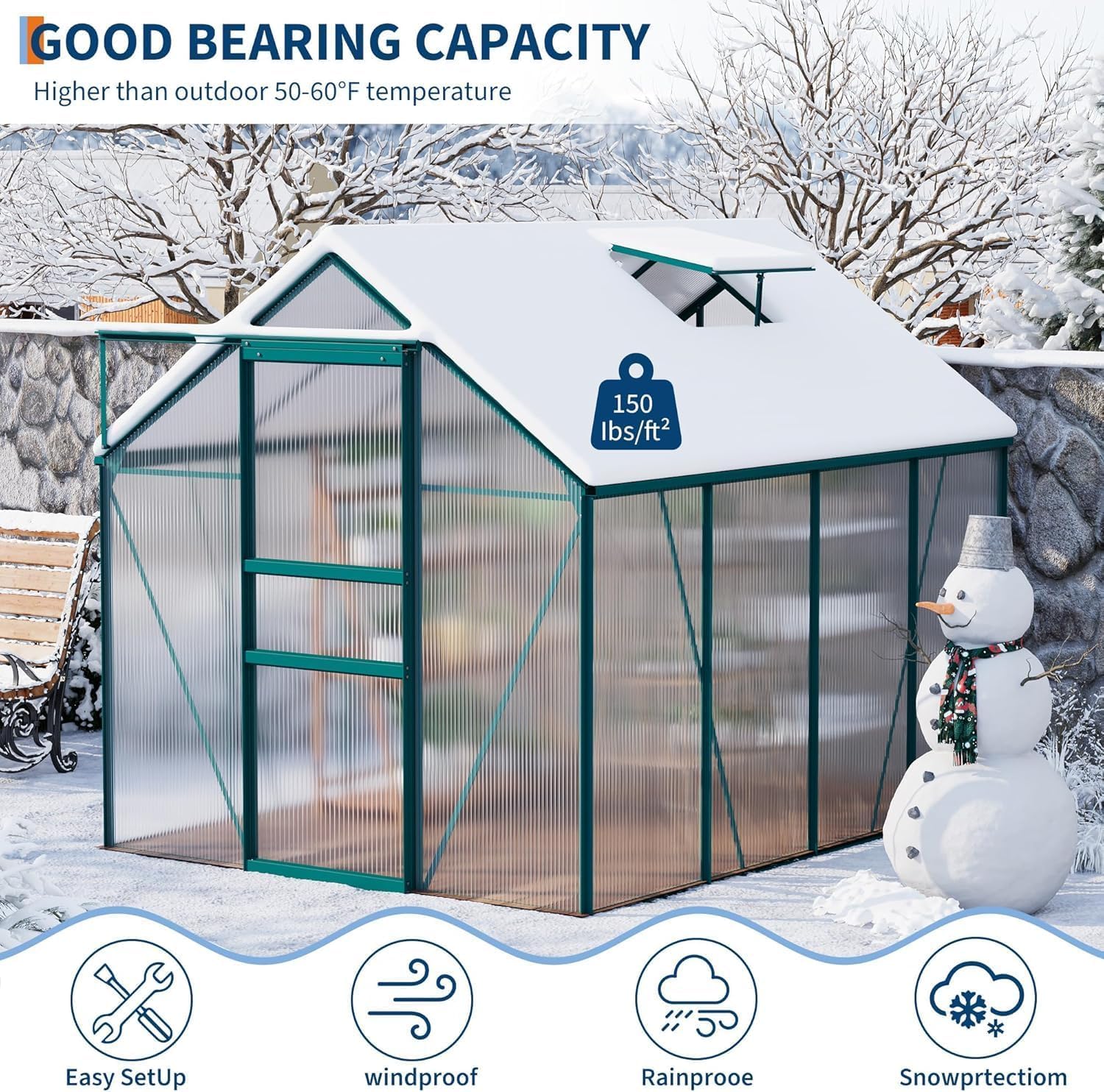 Garvee 6 x 8 FT Polycarbonate Greenhouse with Aluminum Frame, Sliding Door & Adjustable Roof Vent, Heavy-Duty Outdoor Greenhouse for Backyard, Garden, Patio