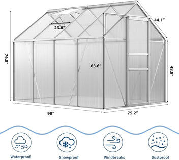 Garvee Walk-in Greenhouse 6x8 FT Aluminum Frame with Roof Vent Rain Gutter Sliding Door Perfect for Outdoor Patio Backyard Garden Apartment Balcony