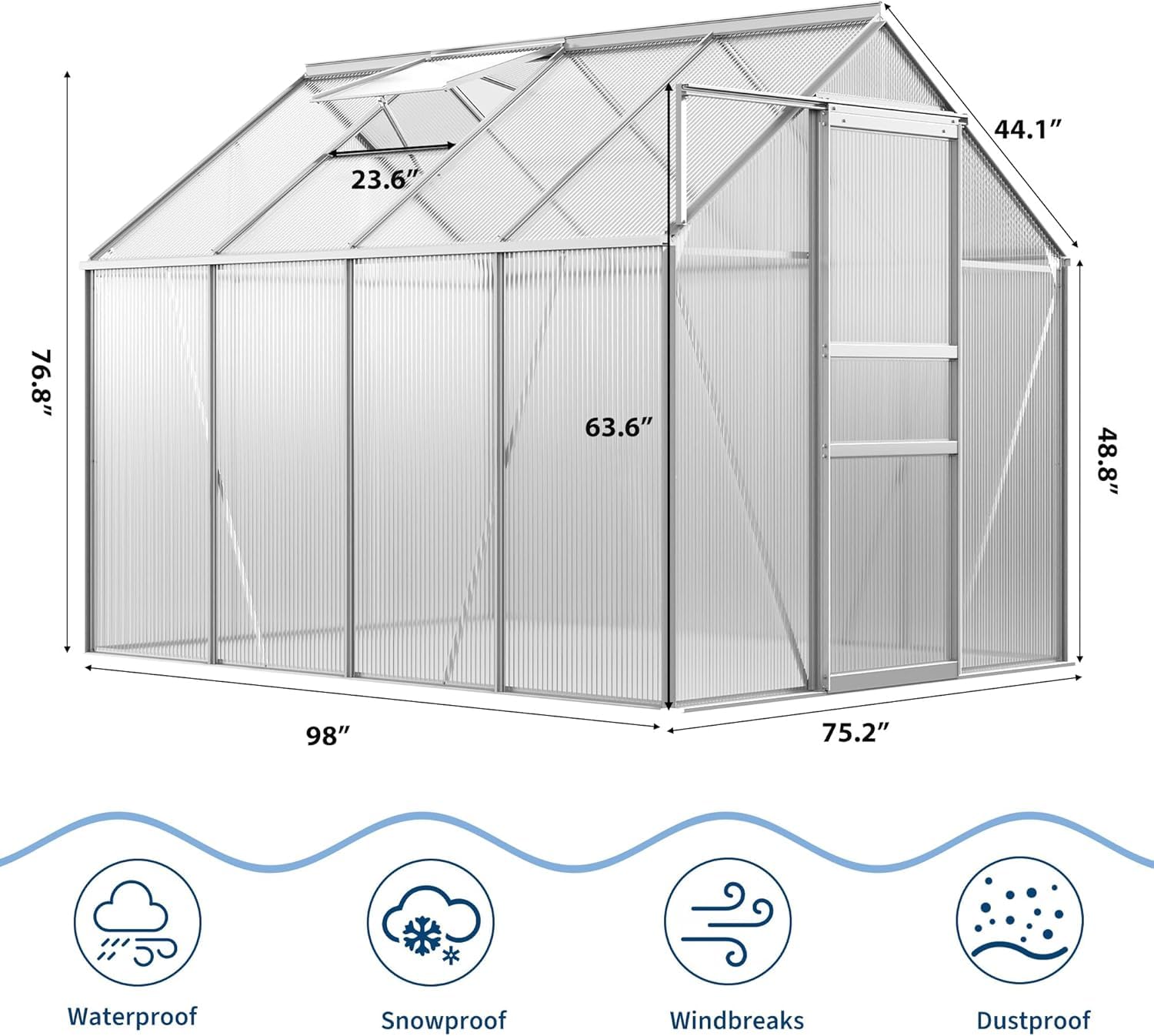 Garvee Walk-in Greenhouse 6x8 FT Aluminum Frame with Roof Vent Rain Gutter Sliding Door Perfect for Outdoor Patio Backyard Garden Apartment Balcony