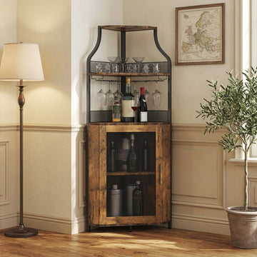 Garvee Corner Wine Bar Rack Cabinet with Detachable Wine Rack, Bar Cabinet with Glass Holder and Mesh Door, Liquor Coffe Bar Cabinet with Adjustable Shelves, Rustic Brown