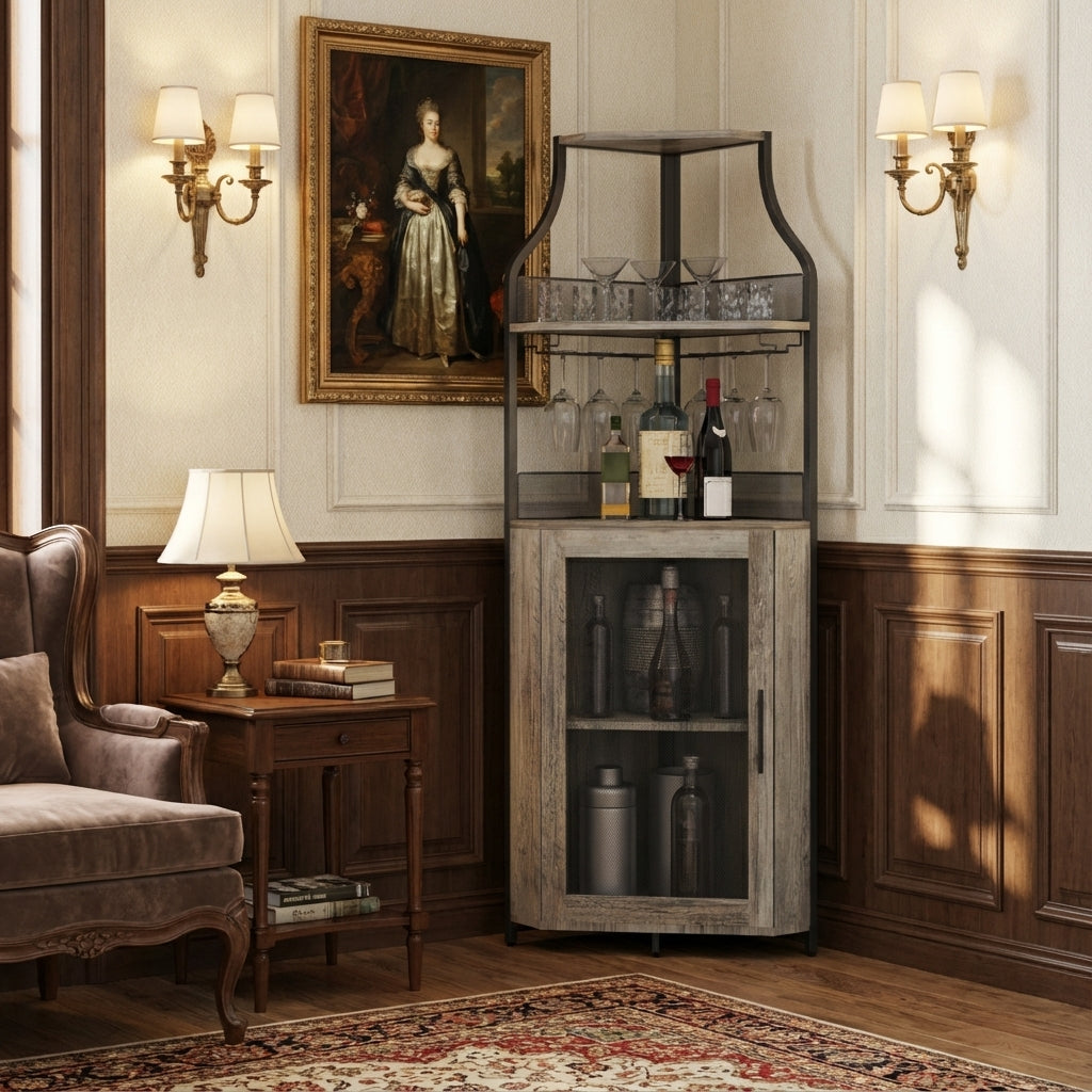 Garvee Corner Wine Bar Rack Cabinet with Detachable Wine Rack, Bar Cabinet with Glass Holder and Mesh Door, Liquor Coffe Bar Cabinet with Adjustable Shelves, ‎Grey