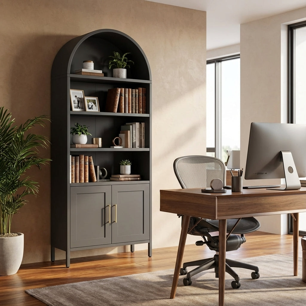 Garvee Arched Bookshelf 56 Inch Metal Bookcase Industrial Storage Cabinet 4-Tier Open Display Rack Tall Steel Etagere Organizer for Living Room Bedroom Home Office Modern Farmhouse Decor Black