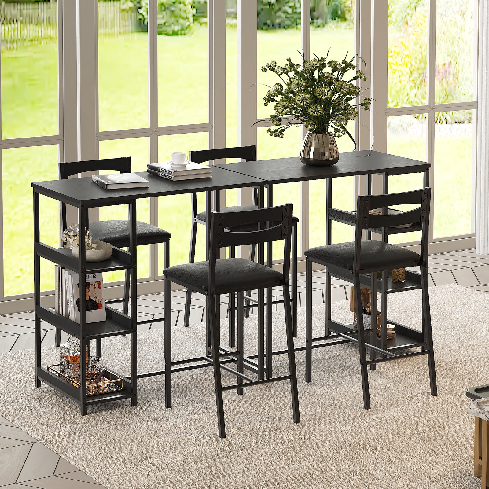 Garvee Modern Marble Finish Bar Table and Chairs Set with 2 PU Padded Stools, Flip Top Extension and Storage Shelves, for Small Kitchen and Apartment, Black