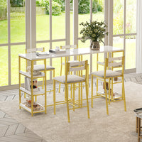 Garvee Modern Marble Finish Bar Table and Chairs Set with 2 Velvet Padded Stools, Flip Top Extension and Storage Shelves, for Small Kitchen and Apartment, Grey & White