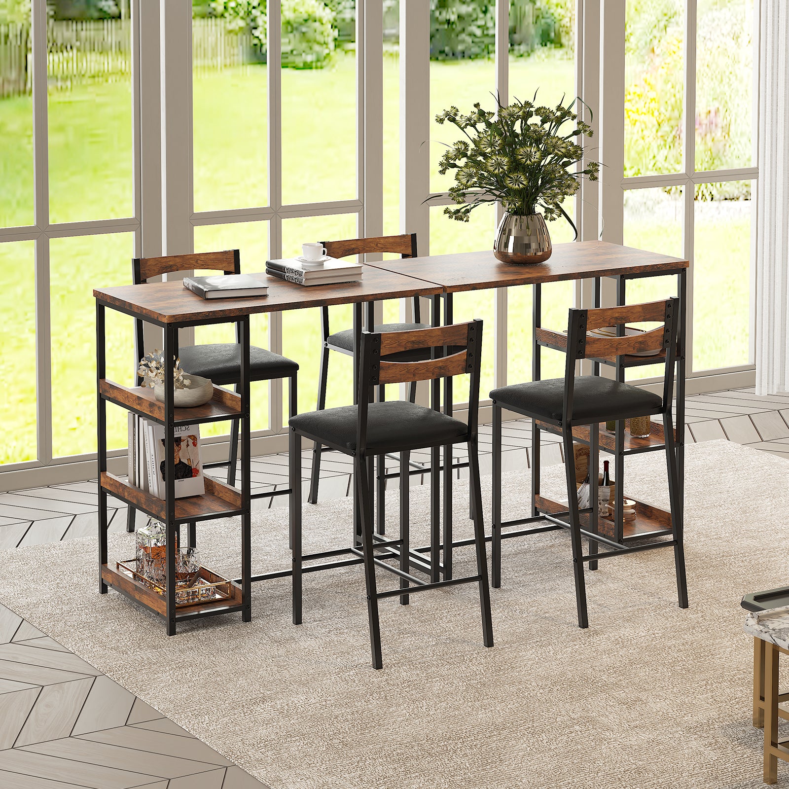 Garvee Modern Marble Finish Bar Table and Chairs Set with 2 PU Padded Stools, Flip Top Extension and Storage Shelves, for Small Kitchen and Apartment, Rustic Brown