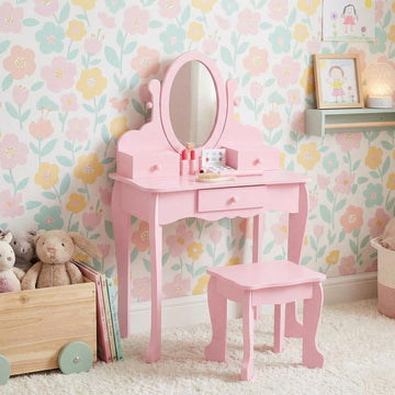 Garvee Kids Vanity Set with Adjustable Angle Mirror, Drawers and Stool Suitable for Age 3-10, Pink