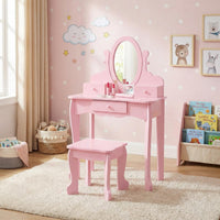 Garvee Kids Vanity Set with Adjustable Angle Mirror, Drawers and Stool Suitable for Age 3-10, Pink