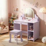Garvee Kids Vanity with Lighted Mirror & Stool, 2 In 1 Little Girls Vanity and Wooden Makeup Playset with Adjustable LED Light, Storage Drawer & Shelves for Girls 3-9, Purple - Purple