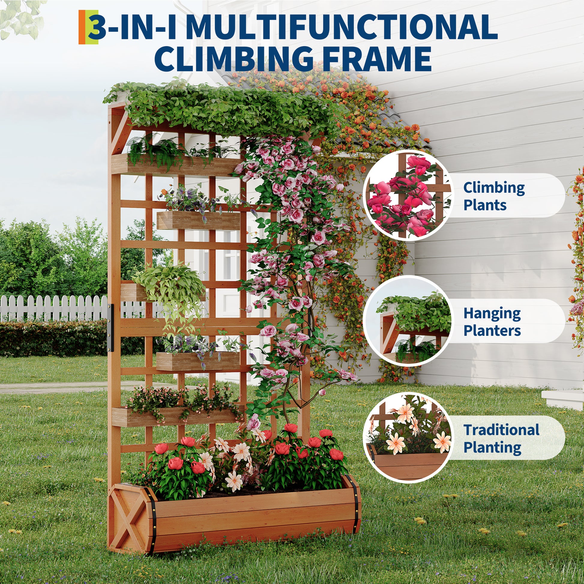 Garvee 67" Tall Wooden Raised Garden Bed with Trellis & Roof – Large Elevated Planter Box with Legs, Hooks & Drainage – Ideal for Outdoor Vegetables, Flowers, Climbing Plants – Sturdy Planter for Patio, Yard, Balcony – Brown