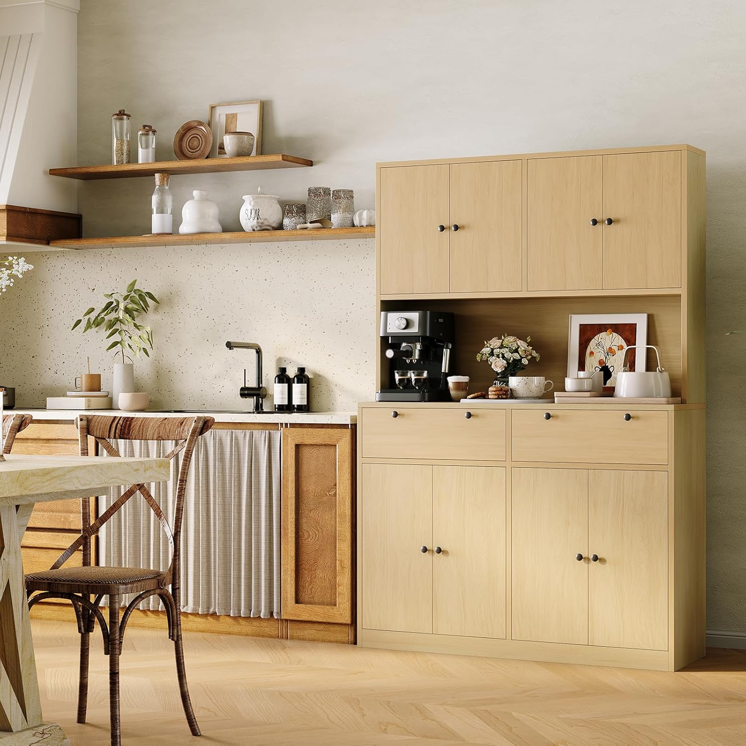 Garvee Modern 71" Tall Kitchen Pantry Cabinet with Charging Station and Storage Shelves & Cabinets for Dining Room, Natural