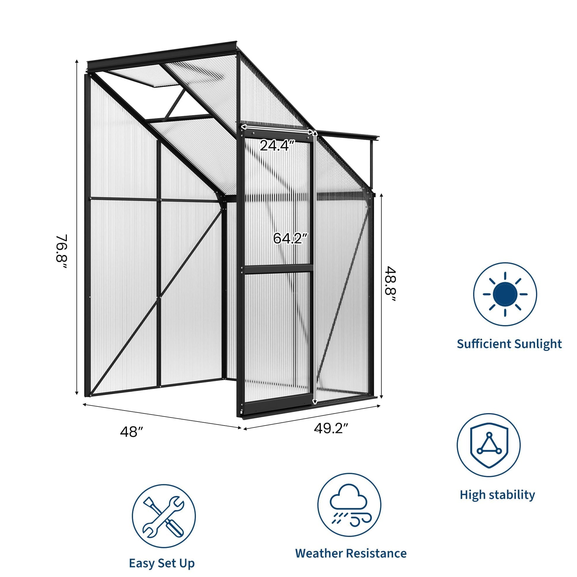 Garvee 4×4FT Lean-To Polycarbonate Greenhouse Kit, Heavy Duty Walk-In Plant Shelter with Sliding Door & Adjustable Roof Vent, Black