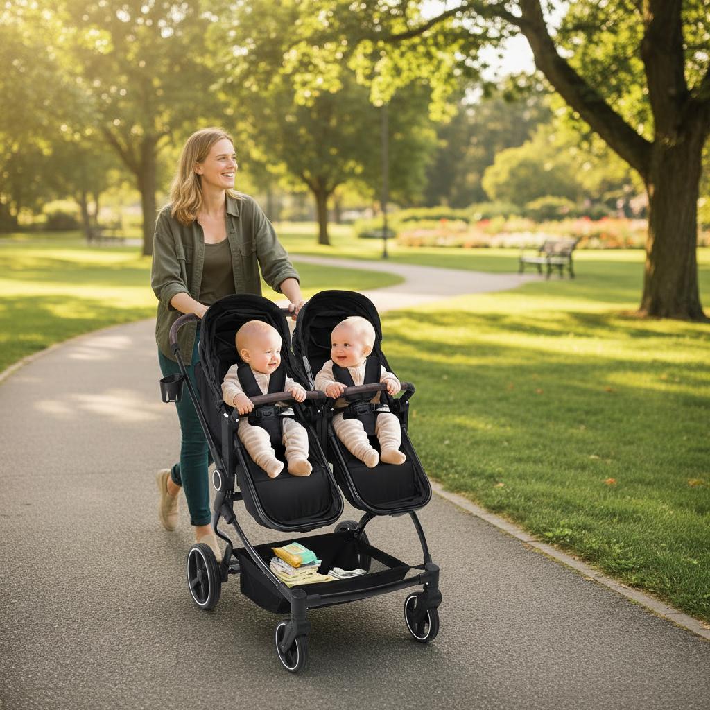Garvee Foldable Double Baby Stroller with Adjustable Recline Canopy, Safety Harness and Parent Cup Holders for Newborns & Toddlers, Dark Grey