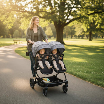 Garvee Foldable Double Baby Stroller with Adjustable Recline Canopy, Safety Harness and Parent Cup Holders for Newborns & Toddlers, Light Grey