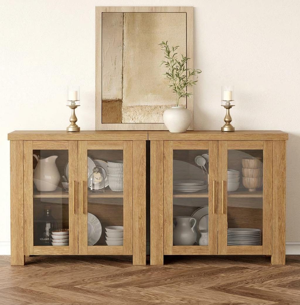 Garvee Buffet Cabinet with Storage, 59" Sideboard Credenza with Tempered Glass Doors, Natural Wood Buffet Table for Living Room Dining Room Kitchen, Natural Wood