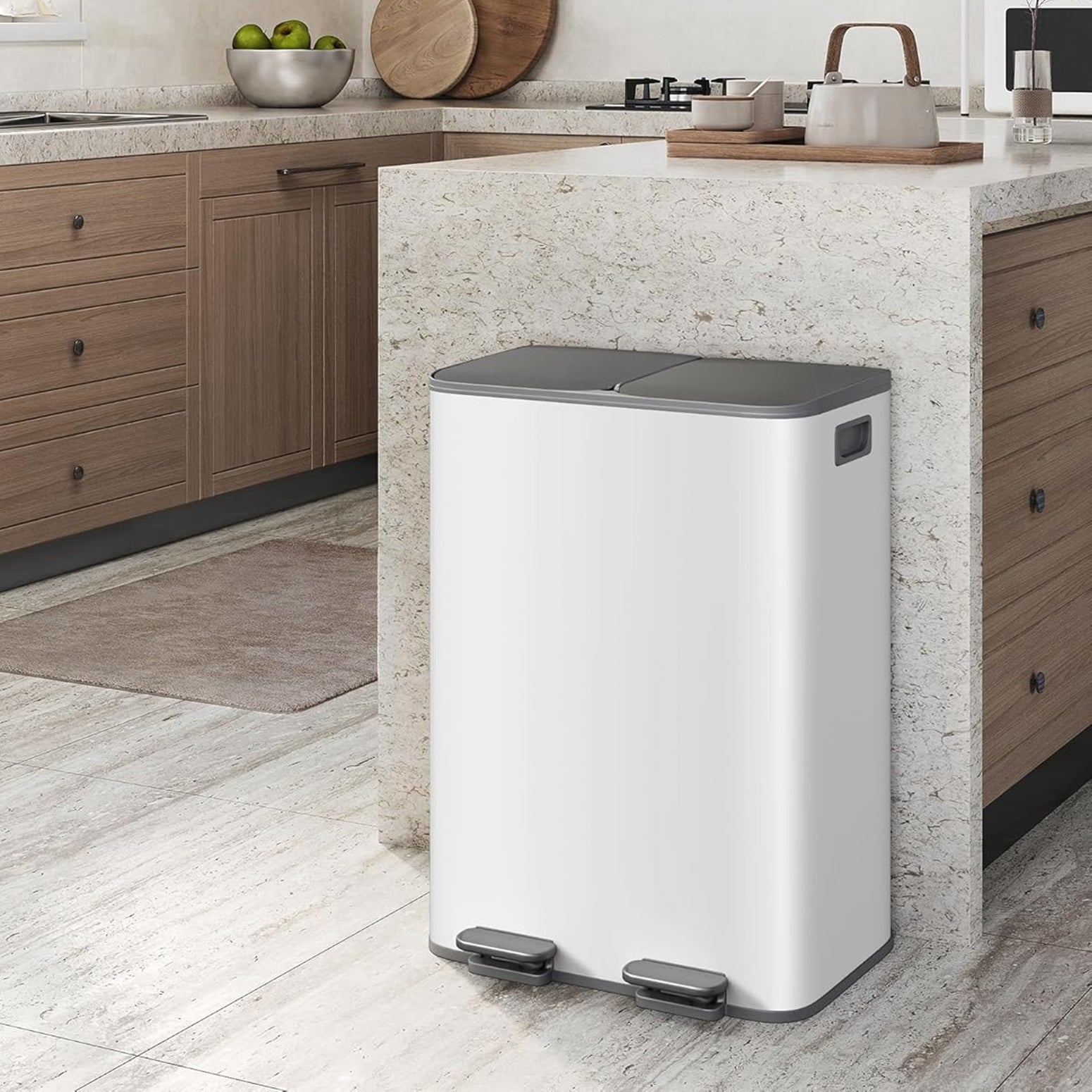 Garvee Stainless Steel Dual Compartment Trash Can 2 x 8 Gal Kitchen Recycling Bin Grayish-White