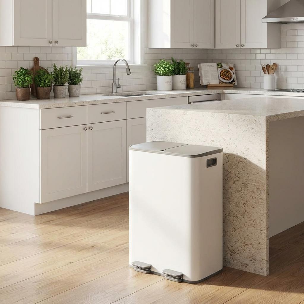 Garvee Stainless Steel Dual Compartment Trash Can 2 x 8 Gal Kitchen Recycling Bin Grayish-White