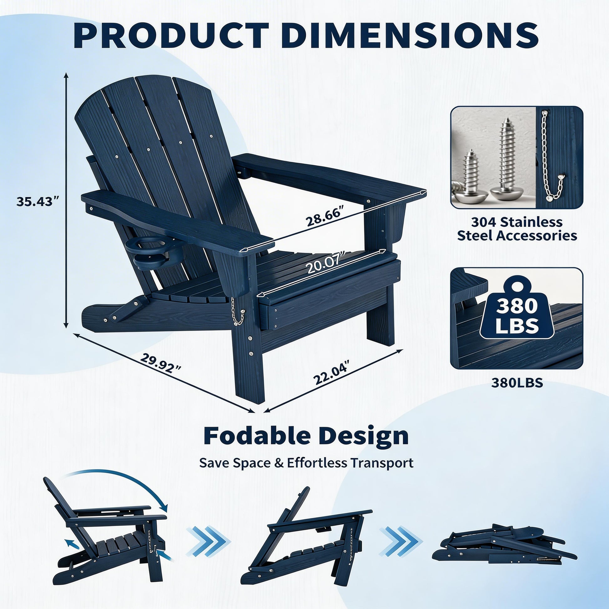 Garvee Folding Wooden Adirondack Chair, Outdoor Lounge Chair with Ergonomic High Back, Blue
