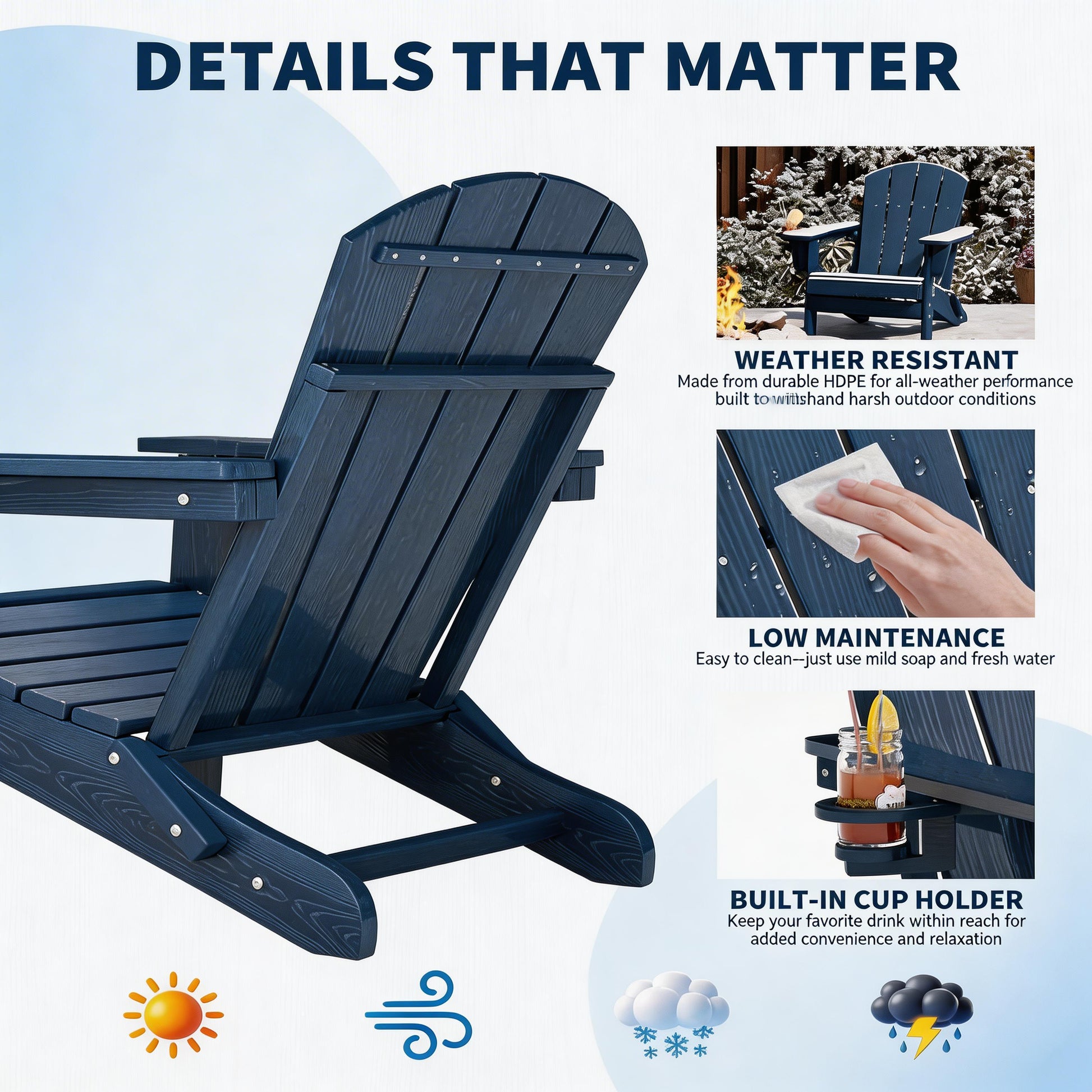 Garvee Folding Wooden Adirondack Chair, Outdoor Lounge Chair with Ergonomic High Back, Blue