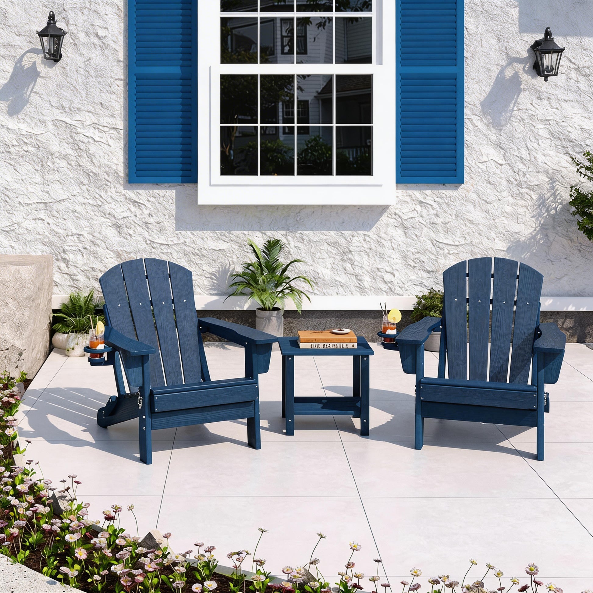 Garvee Folding Wooden Adirondack Chair, Outdoor Lounge Chair with Ergonomic High Back, Blue