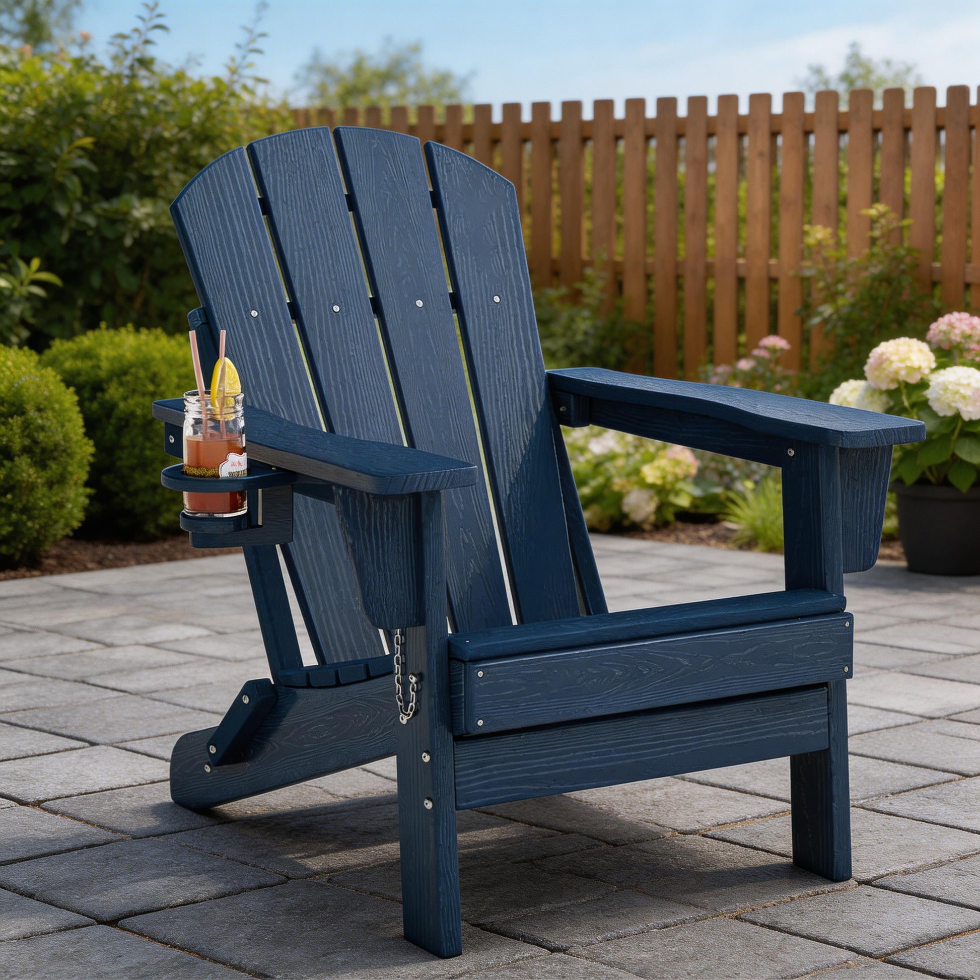 Garvee Folding Wooden Adirondack Chair, Outdoor Lounge Chair with Ergonomic High Back, Blue