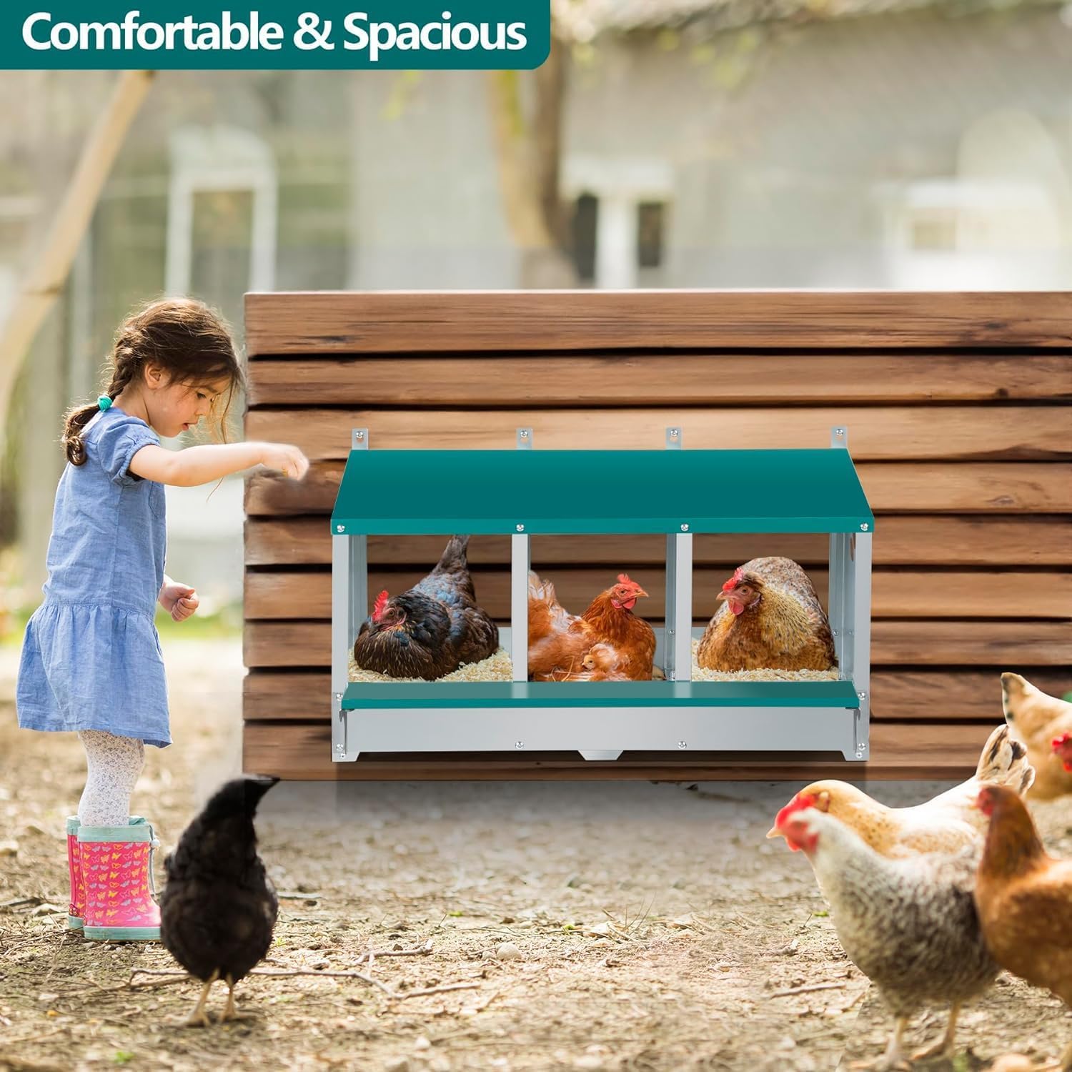 Garvee 3-Compartment Galvanized Metal Chicken Nesting Box – Wall Mounted or Freestanding Laying System for Hens, Chickens, or Ducks – 10 Dampness Pads, 4 Fake Eggs, Perch, Lid Cover – Ventilated & Weatherproof – 3-compartment basic model