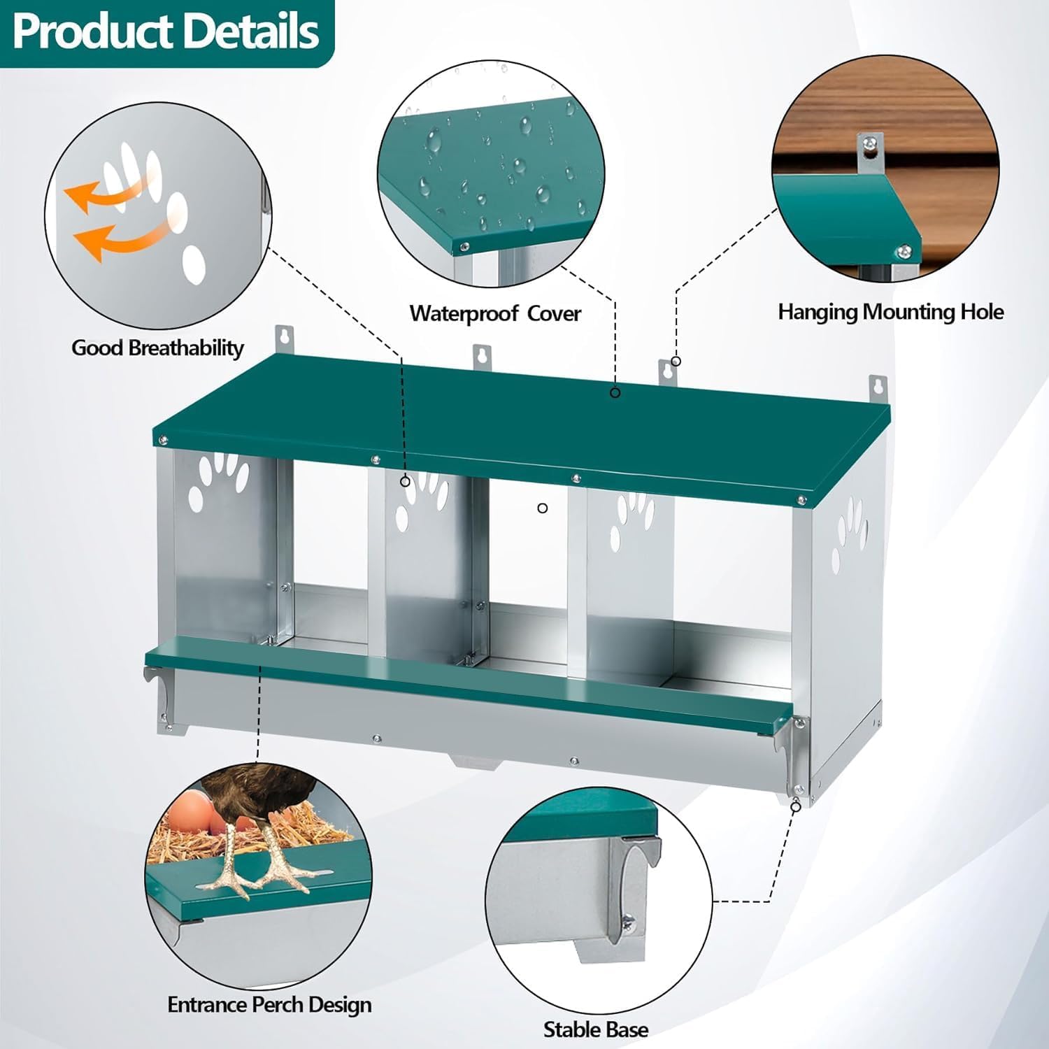 Garvee 3-Compartment Galvanized Metal Chicken Nesting Box – Wall Mounted or Freestanding Laying System for Hens, Chickens, or Ducks – 10 Dampness Pads, 4 Fake Eggs, Perch, Lid Cover – Ventilated & Weatherproof – 3-compartment basic model