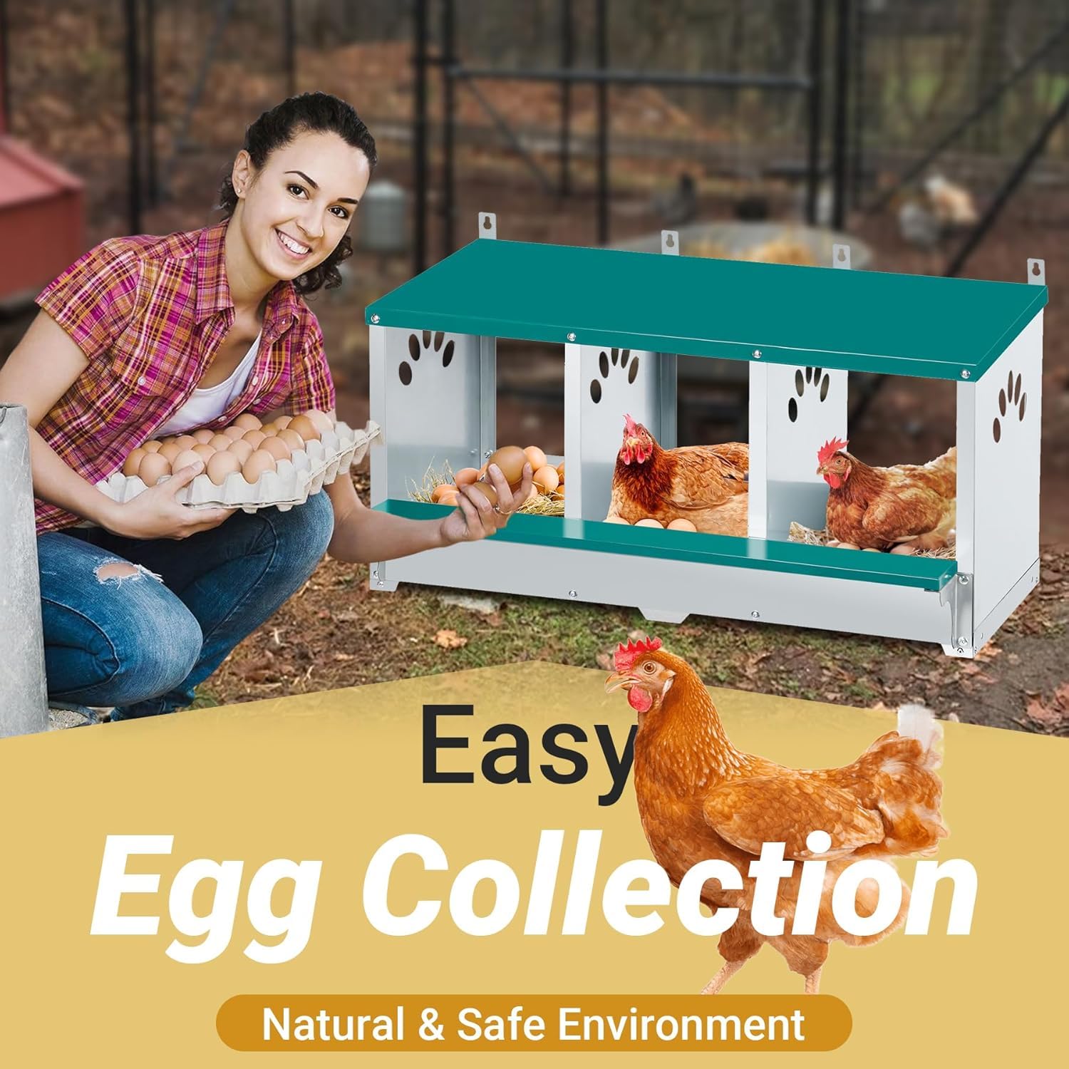 Garvee 3-Compartment Galvanized Metal Chicken Nesting Box – Wall Mounted or Freestanding Laying System for Hens, Chickens, or Ducks – 10 Dampness Pads, 4 Fake Eggs, Perch, Lid Cover – Ventilated & Weatherproof – 3-compartment basic model