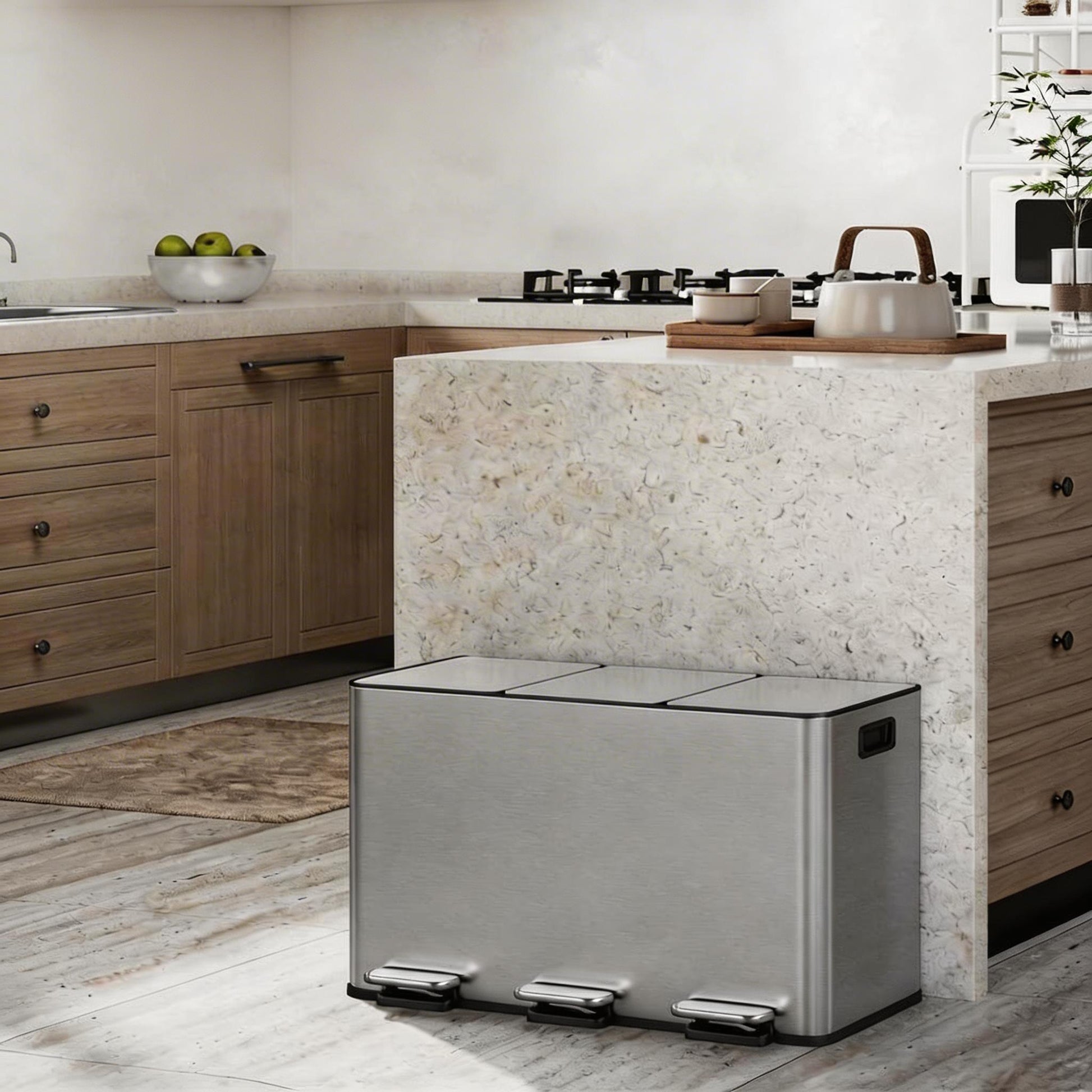 Garvee 45L 3-Compartment Stainless Steel Trash Bin With Soft-Close Lid & Removable Buckets For Kitchen Waste Sorting, Durable Odor-Resistant, Side Handles