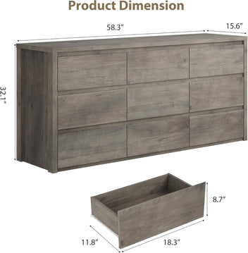 Garvee 9 Drawer Dresser for Bedroom, Wide Modern Chest of Drawers, Large Wood Dresser Wooden Storage Organizer for Living Room, Hallway Entryway, Gray