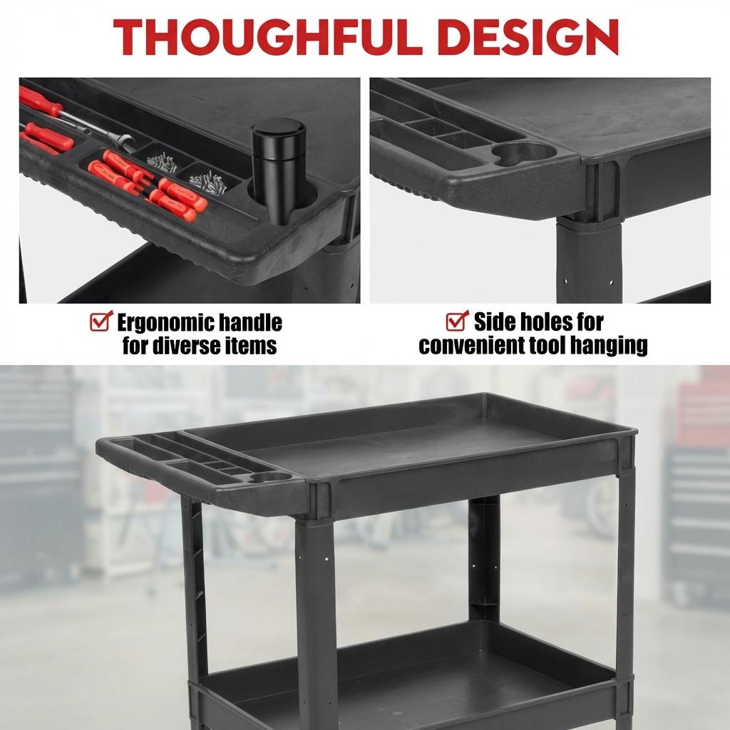 Garvee 2 Shelf Utility Service Cart,Heavy Duty PP Service Rolling Utility Cart with 360° Swivel Wheels (2 with Brakes),550LBS, Large Lipped Shelf, Ergonomic Storage Handle for Warehouse/Garage/Cleaning
