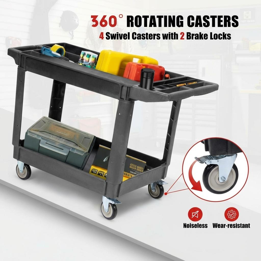 Garvee 2 Shelf Utility Service Cart,Heavy Duty PP Service Rolling Utility Cart with 360° Swivel Wheels (2 with Brakes),550LBS, Large Lipped Shelf, Ergonomic Storage Handle for Warehouse/Garage/Cleaning