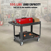 Garvee 2 Shelf Utility Service Cart,Heavy Duty PP Service Rolling Utility Cart with 360° Swivel Wheels (2 with Brakes),550LBS, Large Lipped Shelf, Ergonomic Storage Handle for Warehouse/Garage/Cleaning