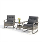 Garvee 3-Piece Rattan Patio Rocking Chair Set with Cushions, 2-Tier Glass Table for Porch, Balcony, Garden - Gray