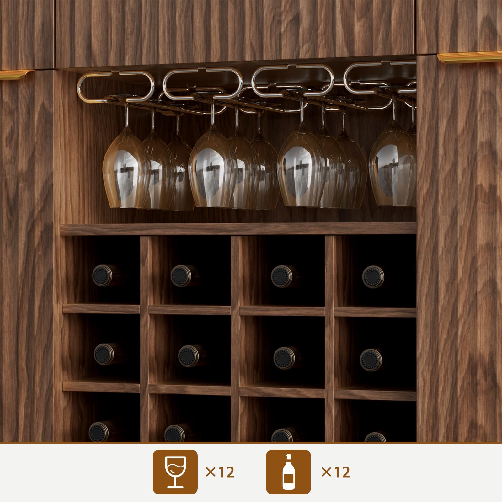 Garvee Modern 60" Fluted Wine Bar Cabinet in Wave Design with 2 Side Cabinets, 3 Drawers, 4 Glass Holders and 12 Wine Racks for Living Room, Kitchen and Entryway, Walnut