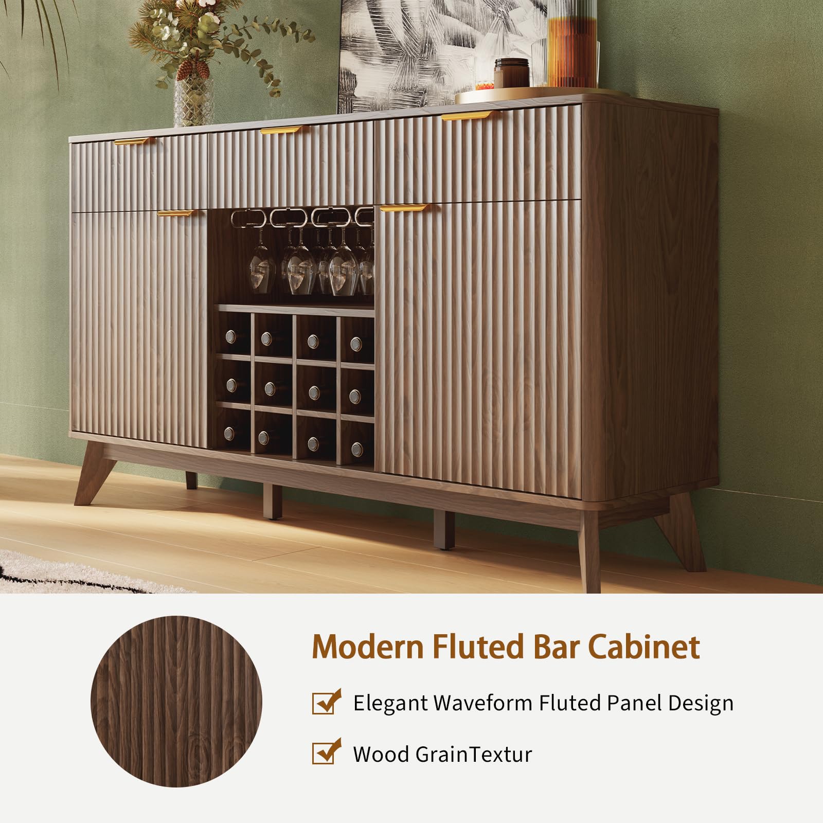 Garvee Modern 60" Fluted Wine Bar Cabinet in Wave Design with 2 Side Cabinets, 3 Drawers, 4 Glass Holders and 12 Wine Racks for Living Room, Kitchen and Entryway, Walnut