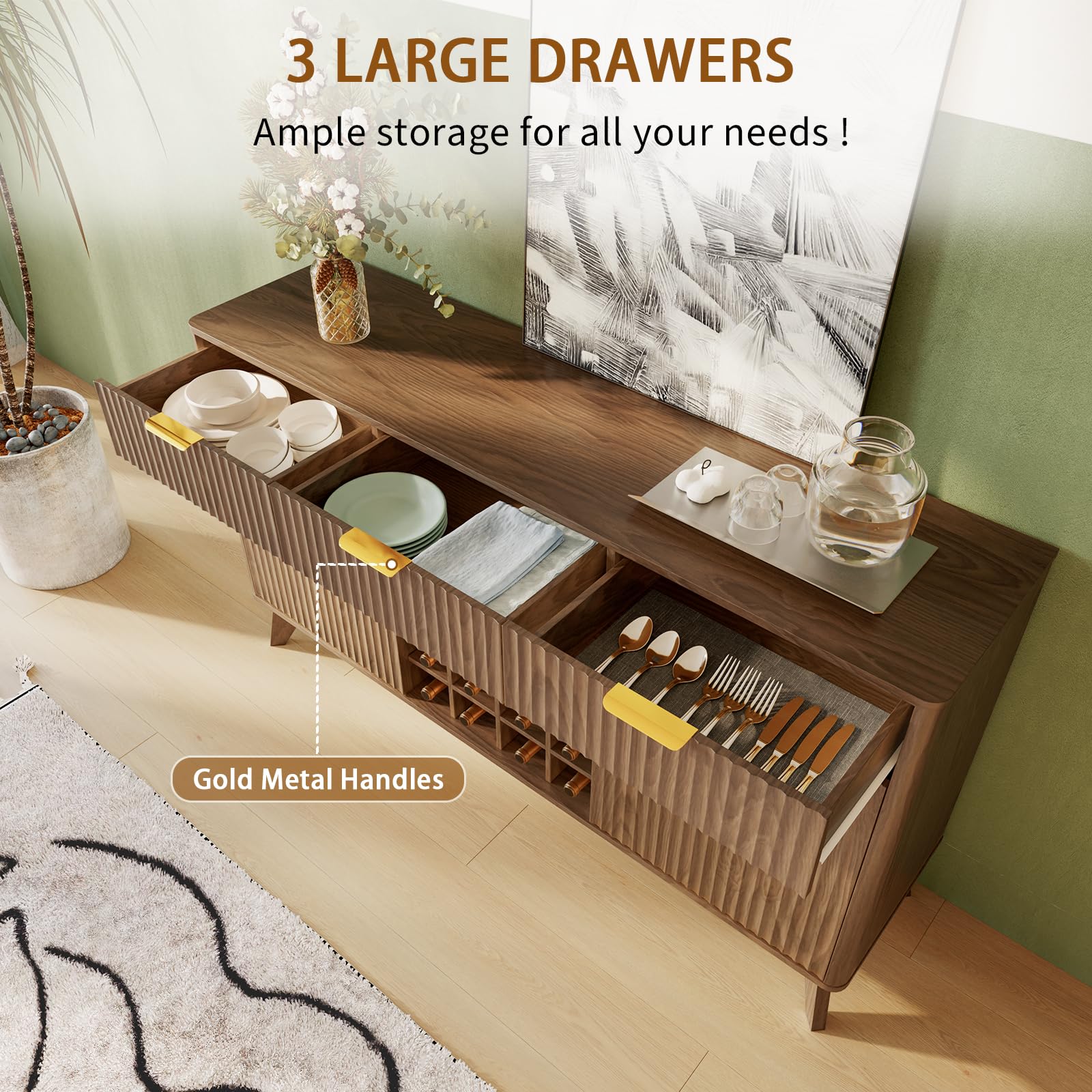 Garvee Modern 60" Fluted Wine Bar Cabinet in Wave Design with 2 Side Cabinets, 3 Drawers, 4 Glass Holders and 12 Wine Racks for Living Room, Kitchen and Entryway, Walnut