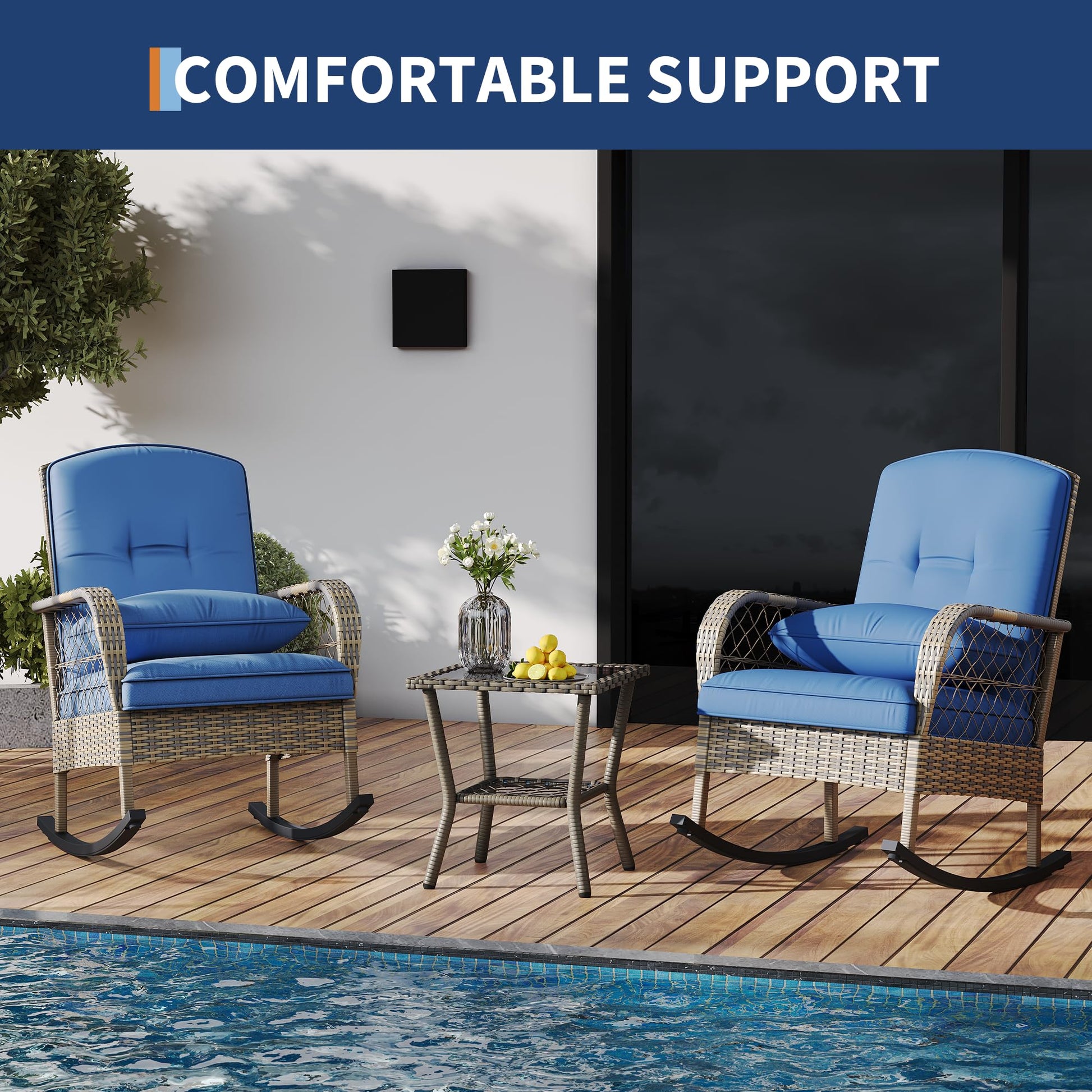 Garvee Outdoor Wicker Rocking Chair, Blue Cushioned PE Rattan Patio Rocker with Steel Frame for Porch, Garden, Backyard & Deck