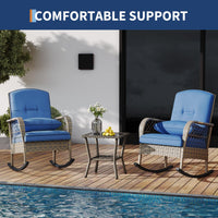 Garvee Outdoor Wicker Rocking Chair, Blue Cushioned PE Rattan Patio Rocker with Steel Frame for Porch, Garden, Backyard & Deck