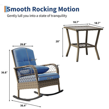 Garvee Outdoor Wicker Rocking Chair, Blue Cushioned PE Rattan Patio Rocker with Steel Frame for Porch, Garden, Backyard & Deck