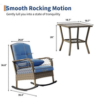 Garvee Outdoor Wicker Rocking Chair, Blue Cushioned PE Rattan Patio Rocker with Steel Frame for Porch, Garden, Backyard & Deck