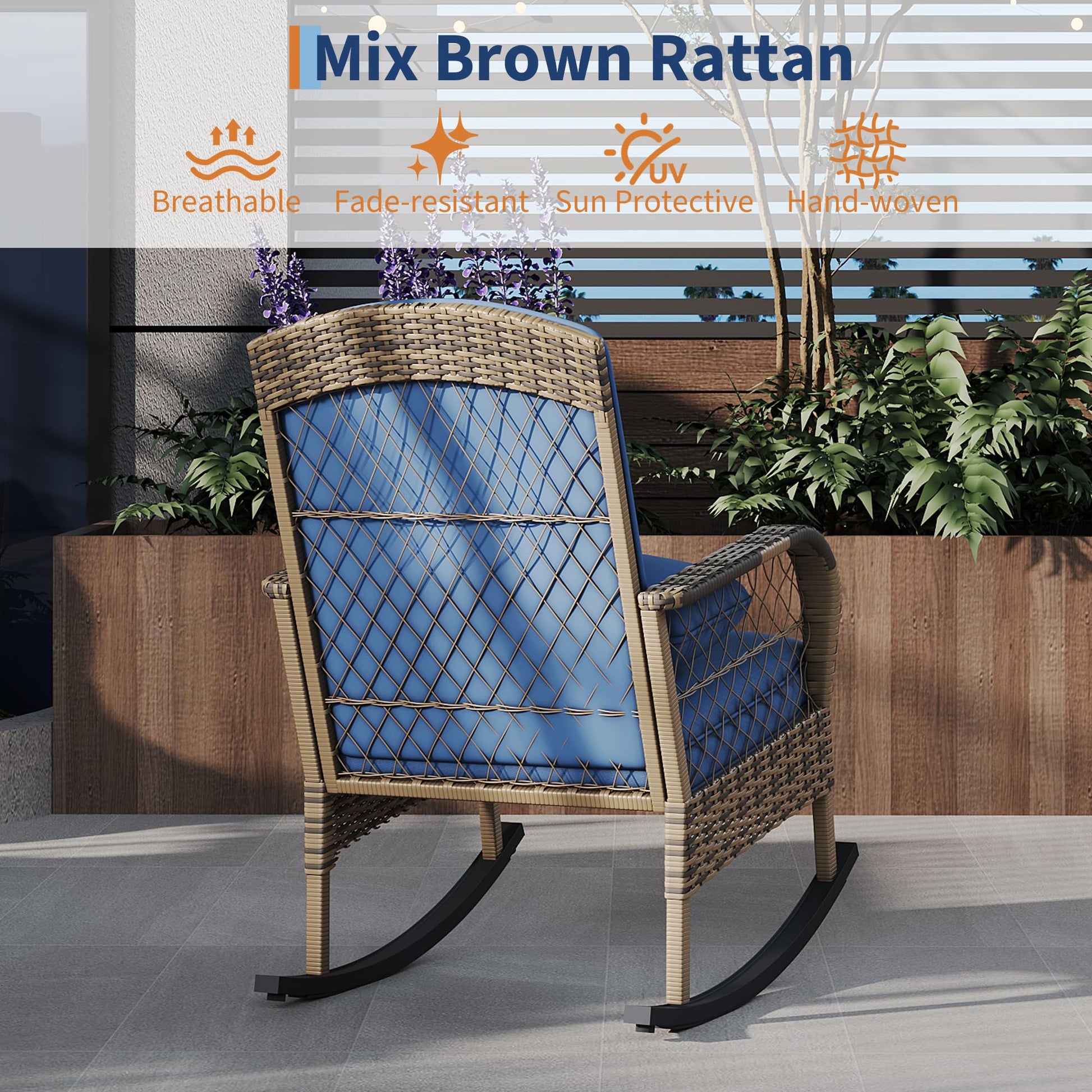 Garvee Outdoor Wicker Rocking Chair, Blue Cushioned PE Rattan Patio Rocker with Steel Frame for Porch, Garden, Backyard & Deck